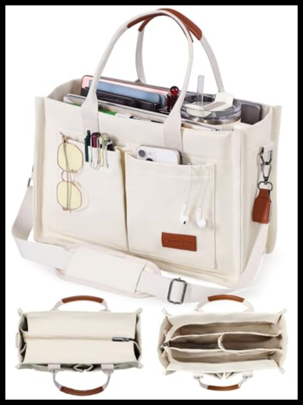 Canvas Tote Bag for Women Zipper Closure Individual Compartments Work College